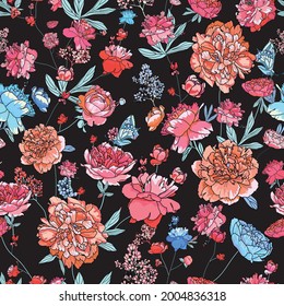 Floral seamless pattern for fabric, wallpaper, background. Large flowers and leaves of peonies. 