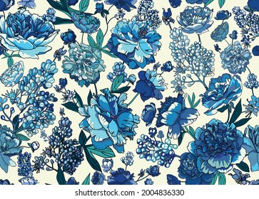 Patrón floral sin fisuras para tela, papel pintado, fondo. Flores grandes y hojas de peonías. 