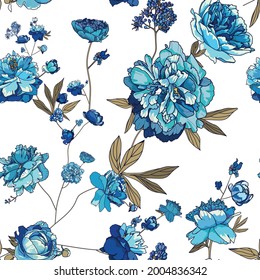 Floral seamless pattern for fabric, wallpaper, background. Large flowers and leaves of peonies. 