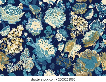 Floral seamless pattern for fabric, wallpaper, background. Large flowers and leaves of peonies. 