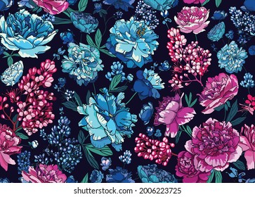 Patrón floral sin fisuras para tela, papel pintado, fondo. Flores grandes y hojas de peonías. 