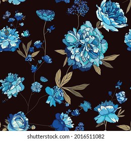 Floral seamless pattern for fabric, wallpaper, background. Large flowers and leaves of peonies. 