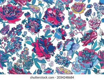 Floral seamless pattern for fabric, wallpaper, background. Large flowers and leaves of peonies. 