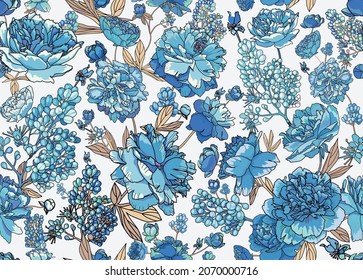 Floral seamless pattern for fabric, wallpaper, background. Large flowers and leaves of peonies. 