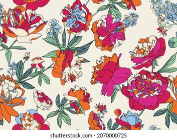 Floral seamless pattern for fabric, wallpaper, background. Large flowers and leaves of peonies. 