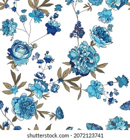 Floral seamless pattern for fabric, wallpaper, background. Large flowers and leaves of peonies. 