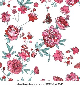 Floral seamless pattern for fabric, wallpaper, background. Large flowers and leaves of peonies. 