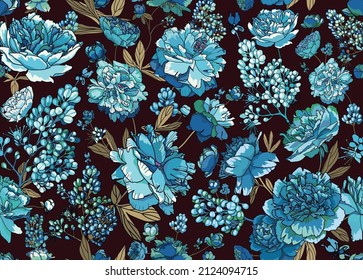 Floral seamless pattern for fabric, wallpaper, background. Large flowers and leaves of peonies. 