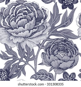 Floral seamless pattern for fabrics, textiles, wallpaper, paper. Vector. Garden flowers peonies. Design Victorian style. Black and white.