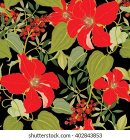Floral seamless pattern for fabrics, textiles, wallpaper, paper. Vector. Clematis flowers and ornamental berries. 