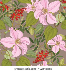 Floral seamless pattern for fabrics, textiles, wallpaper, paper. Vector. Clematis flowers and ornamental berries. 