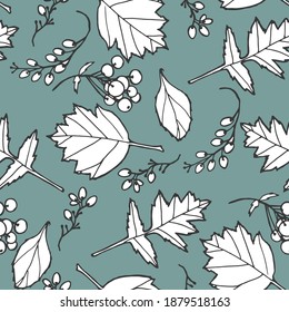 Floral seamless pattern. Falling leaves and berries on blue background.  Repetitive autumn backdrop. For decoration, wrapping paper, textile, cards etc. 