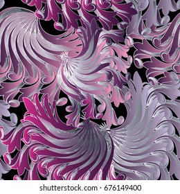 Floral seamless pattern. Fantasy background wallpaper illustration with abstract purple violet  harp paisley flowers and modern flourish psychedelic ornaments. Vector luxury texture.