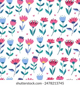 Floral seamless pattern with fantasy flowers and leaves on white. Great for fabrics, especially for linens, wrapping papers, wallpapers, covers. Vector hand drawn illustration in flat style	