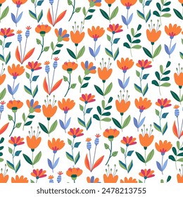 Floral seamless pattern with fantasy flowers and leaves on white. Great for fabrics, especially for linens, wrapping papers, wallpapers, covers. Vector hand drawn illustration in flat style	