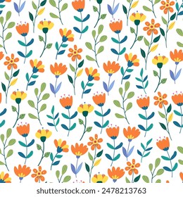 Floral seamless pattern with fantasy flowers and leaves on white. Great for fabrics, especially for linens, wrapping papers, wallpapers, covers. Vector hand drawn illustration in flat style	