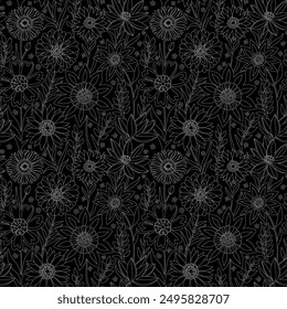 Floral Seamless Pattern of Fantasy Flowers in Line Art style, White Contour on Black Background. Wallpaper Design for Textiles, Fabrics, Papers, Prints, Beauty Products, Wrappings, Package Design.