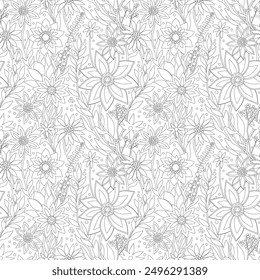 Floral Seamless Pattern of Fantasy Flowers and Leaves in Line Art style, Black Outline on White Background. Wallpaper Design for Coloring Pages, Fabrics, Textiles, Papers, Prints, Beauty Products.
