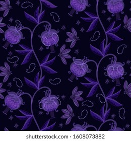 Floral seamless pattern with fantasy violet flowers. Beautiful print for fabric and textile. 