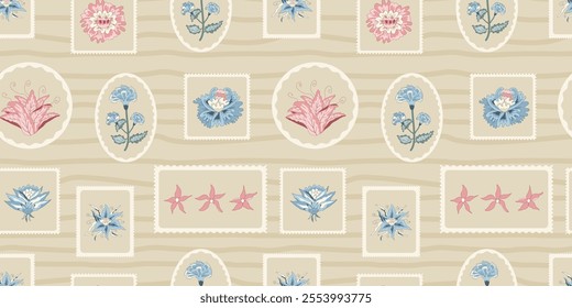 Floral seamless pattern. Farmhouse modern flower in retro geometric frame endless background. Stylized botanic repeat cover with wildflower motif. Indian chintz. Vector hand drawn illustration.