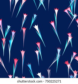 Floral Seamless Pattern. Fashion Print Design with Red and Blue Flowers on Dark Violet Background. Textile, Fabric Texture with Natural Motifs.