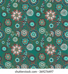 Floral seamless pattern with feather in boho stile.