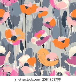 floral seamless pattern features abstract flowers in vibrant shades of orange, pink, and purple with dark centers set against a gray and blue textured background, creating a modern and artistic design