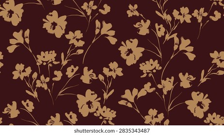 Floral seamless pattern features brown wildflowers silhouettes on a dark red background. The flowers have a painterly, slightly abstract quality