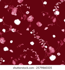 Floral seamless pattern features a cluster of pink flowers with delicate petals and stems on a deep red background, creating a sense of movement and dynamism