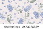 Floral seamless pattern features clusters of watercolor illustrations of Cape leadwort flowers and grayish-green leaves with individual petals scattered across a soft pink background