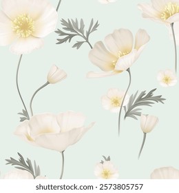 Floral seamless pattern features delicate white California Poppy flowers and leaves on a soft mint background