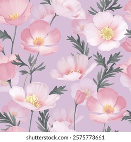 Floral seamless pattern features delicate pink California Poppy flowers in various stages of bloom and green leaves on a soft purple background offering a serene and elegant aesthetic