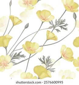 Floral seamless pattern features delicate yellow California Poppy flowers and leaves on a soft brown background