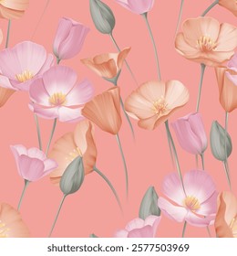 Floral seamless pattern features delicate pink and orange California Poppy flowers with gray-green buds and stems on a light pink background. The design has a soft, romantic feel