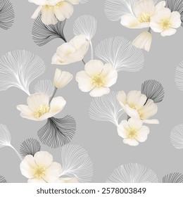 Floral seamless pattern features delicate soft white California Poppy flowers and black and white linear leaves on gray background