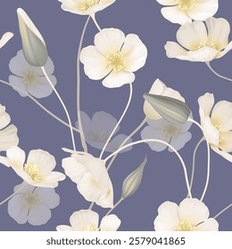 Floral seamless pattern features delicate white California Poppy flowers and gray-green buds and stems on a deep purple background