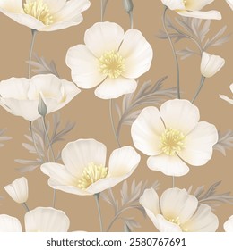 Floral seamless pattern features delicate white California Poppy flowers and leaves on a sandy brown background