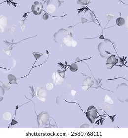 Floral seamless pattern features delicate purple California Poppy flowers in various stages of bloom and leaves on a light purple background