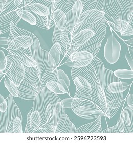 Floral seamless pattern features eucalyptus leaves and line leaves in white on a solid teal background, creating a light and airy design
