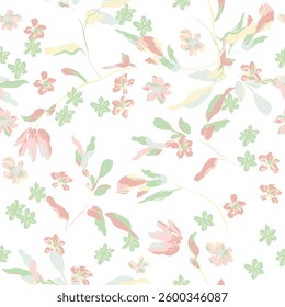 Floral seamless pattern features flowers and leaves in soft pastel shades of pink, green, and yellow on white background. The flowers and leaves have a painterly, slightly abstract quality