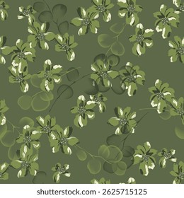 Floral seamless pattern features flowers and leaves in shades of green on a solid green background. The flowers and leaves have a painterly, slightly abstract quality