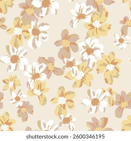Floral seamless pattern features hand-painted flowers in shades of yellow, white, and brown on a light beige background. The flowers and leaves have a painterly, slightly abstract quality