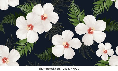Floral seamless pattern features large white hibiscus flowers intermingled with various shades of green fern and palm leaves on a dark blue background
