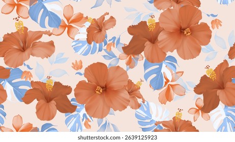 Floral seamless pattern features large red hibiscus flowers and smaller orange blossoms, interspersed with light blue monstera leaves on a light orange background