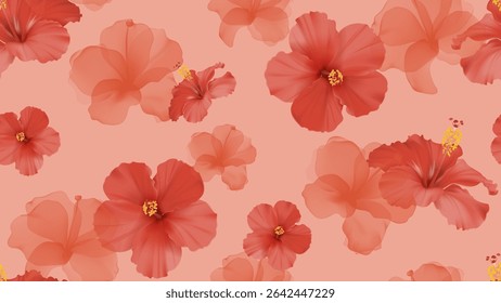 Floral seamless pattern features large, vibrant red hibiscus flowers interspersed with translucent red hibiscus flowers on a soft red background