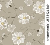 Floral seamless pattern features translucent white floral and line leaves on a light brown background, adding a sense of slightly vintage feel