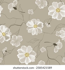 Floral seamless pattern features translucent white floral and line leaves on a light brown background, adding a sense of slightly vintage feel