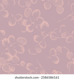 Floral seamless pattern features translucent soft red eucalyptus leaves on a mauve background. The leaves appear ethereal and overlapping, creating a light and airy design