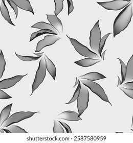 Floral seamless pattern features translucent dark gray leaves on a light gray background. The leaves appear ethereal and overlapping, creating a light and airy design