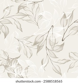 Floral seamless pattern features translucent white leaves on a soft brown background. The leaves appear ethereal and overlapping, creating a light and airy design